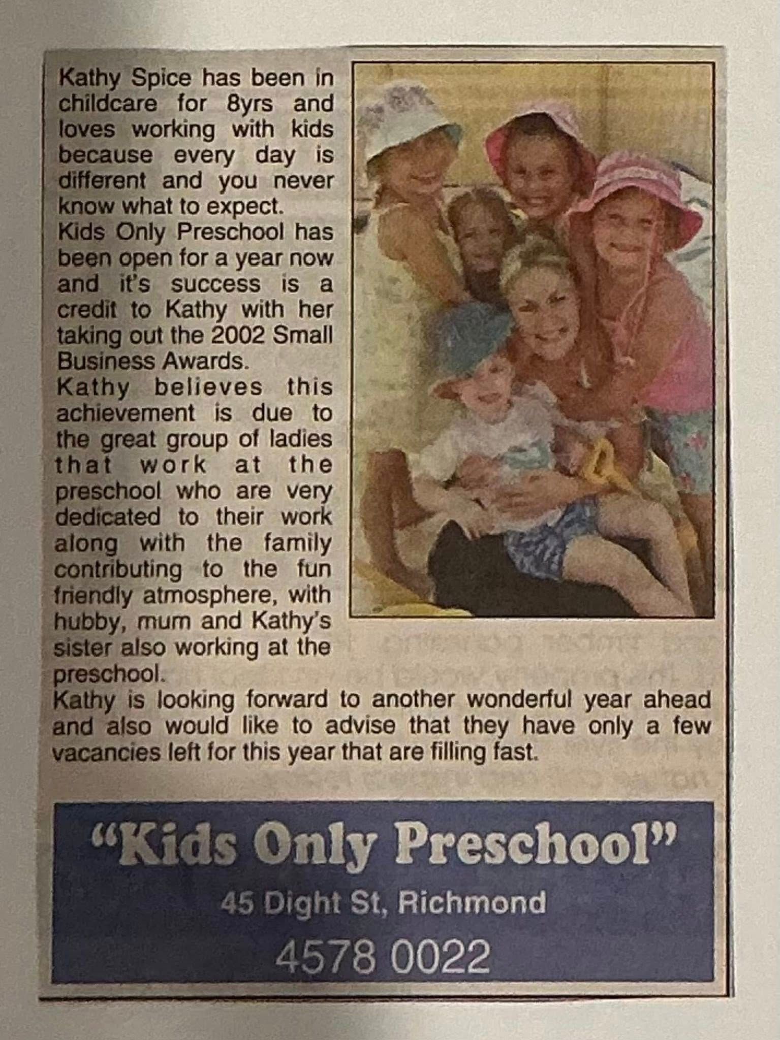 Kids Only Preschool ad with smiling children and a woman, plus location and phone number.