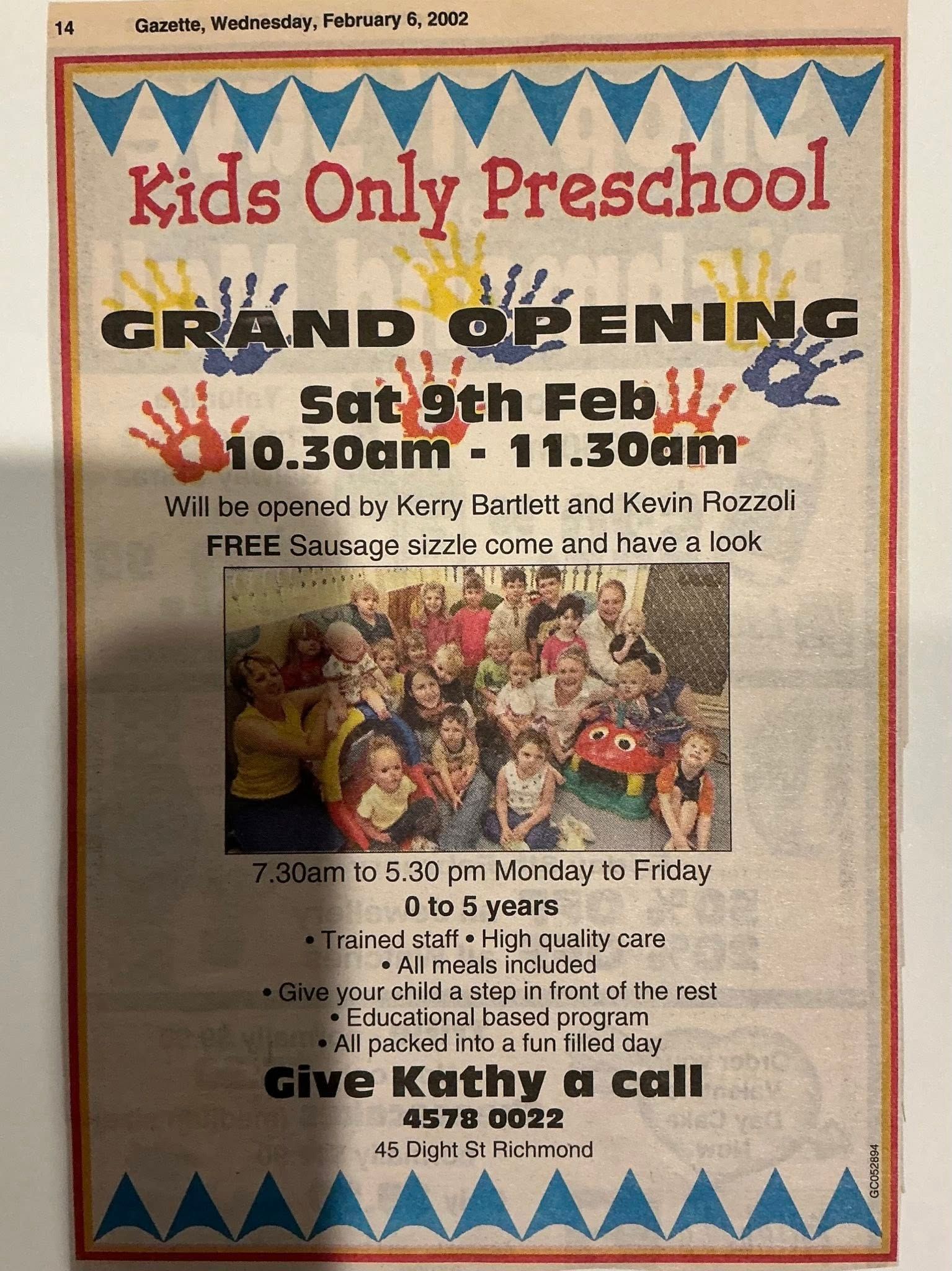 Kids Only Preschool grand opening flyer with blue border, event details, and group photo