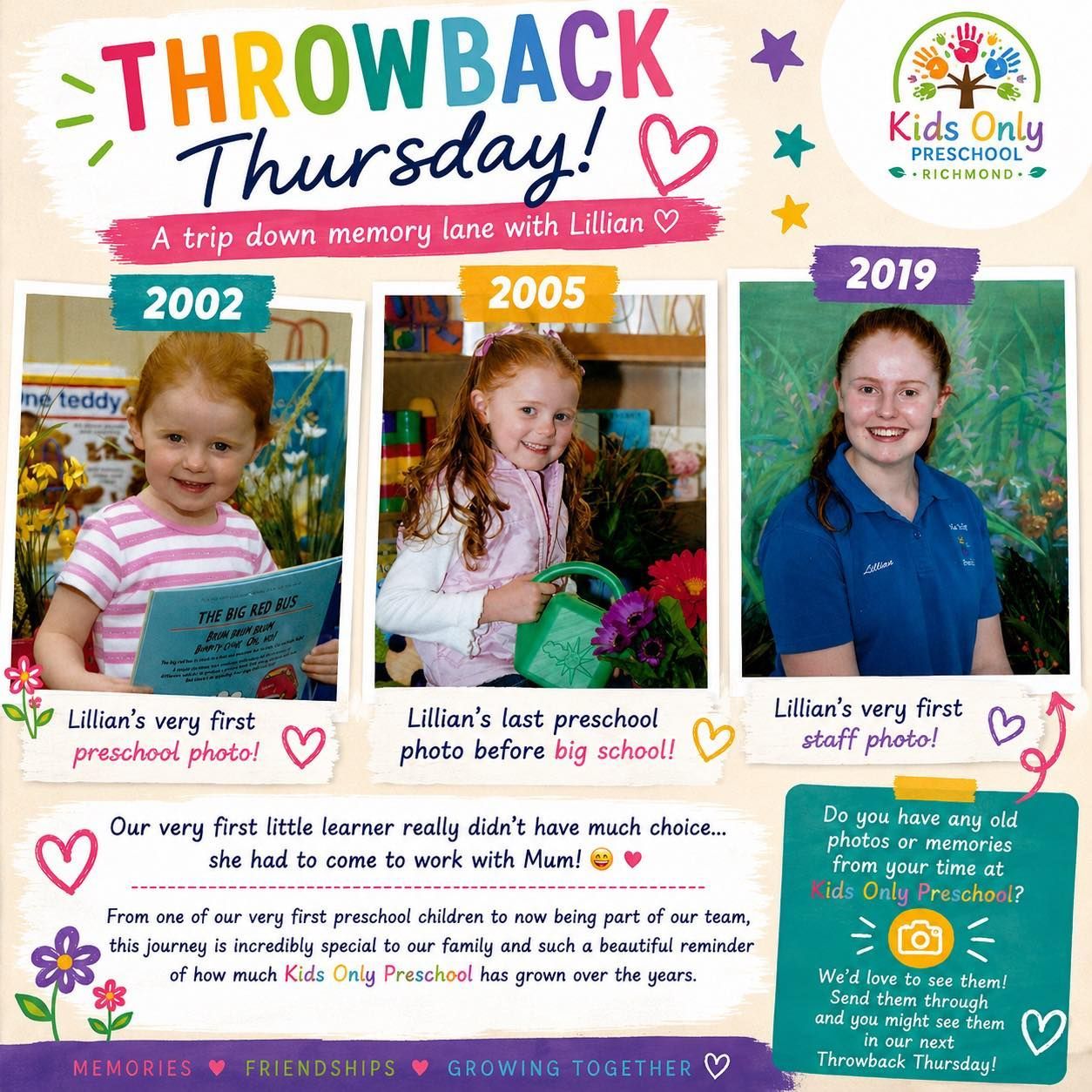 Throwback Thursday collage showing three childhood photos from 2002, 2005, and 2019 with captions and pink accents