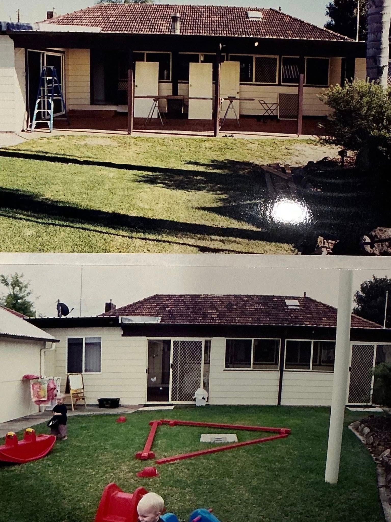 Two photos of a house and backyard, showing before and after lawn and yard changes.