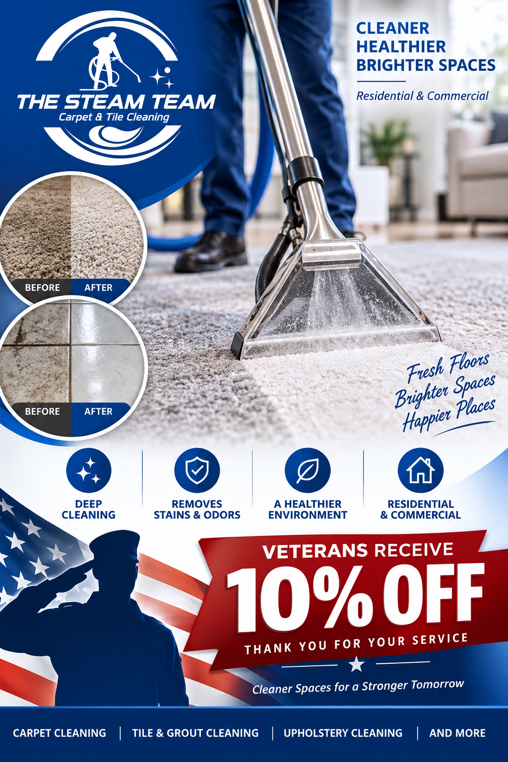 Steam Team flyer: cleaner brighter spaces, before-and-after carpet cleaning, and veterans receive 10% off.