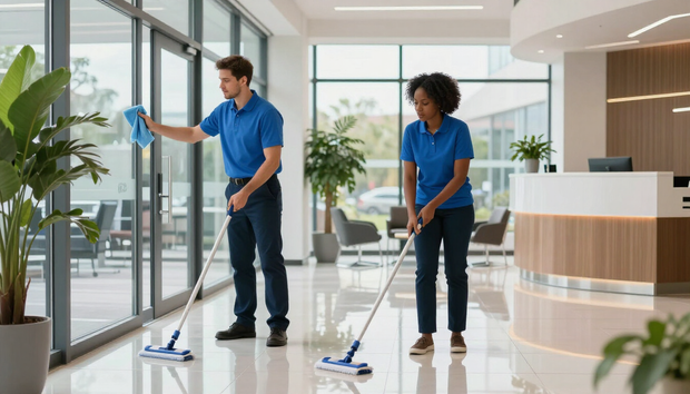 Two janitors cleaning a bright modern lobby with mops and cleaning supplies