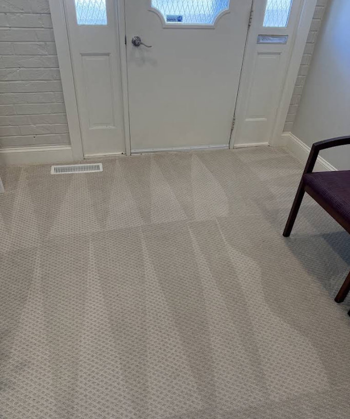 Carpeted entryway with a white door, wall vent, and part of a dark chair.