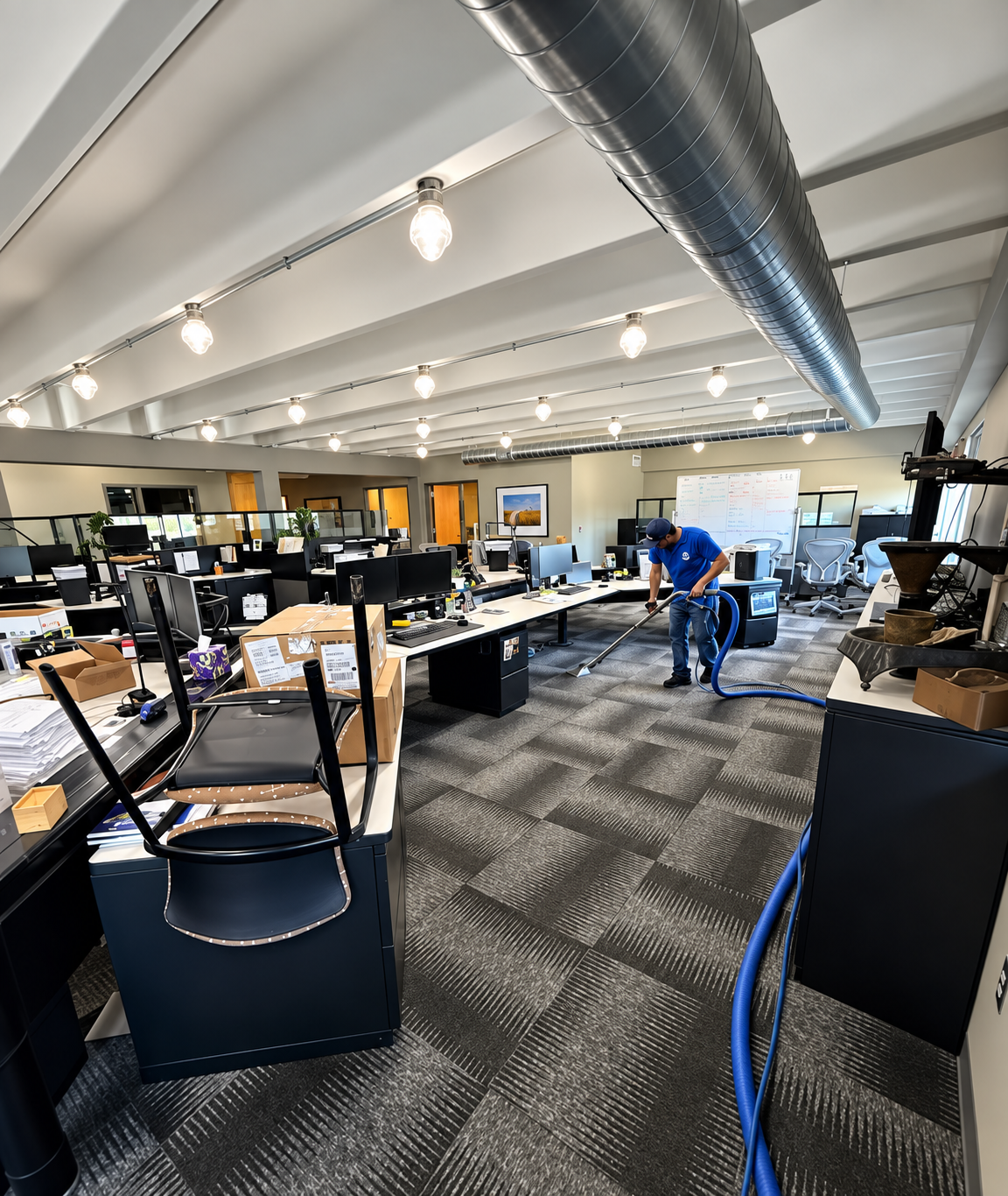 Open office with desks, computers, and two people working under bright ceiling lights.