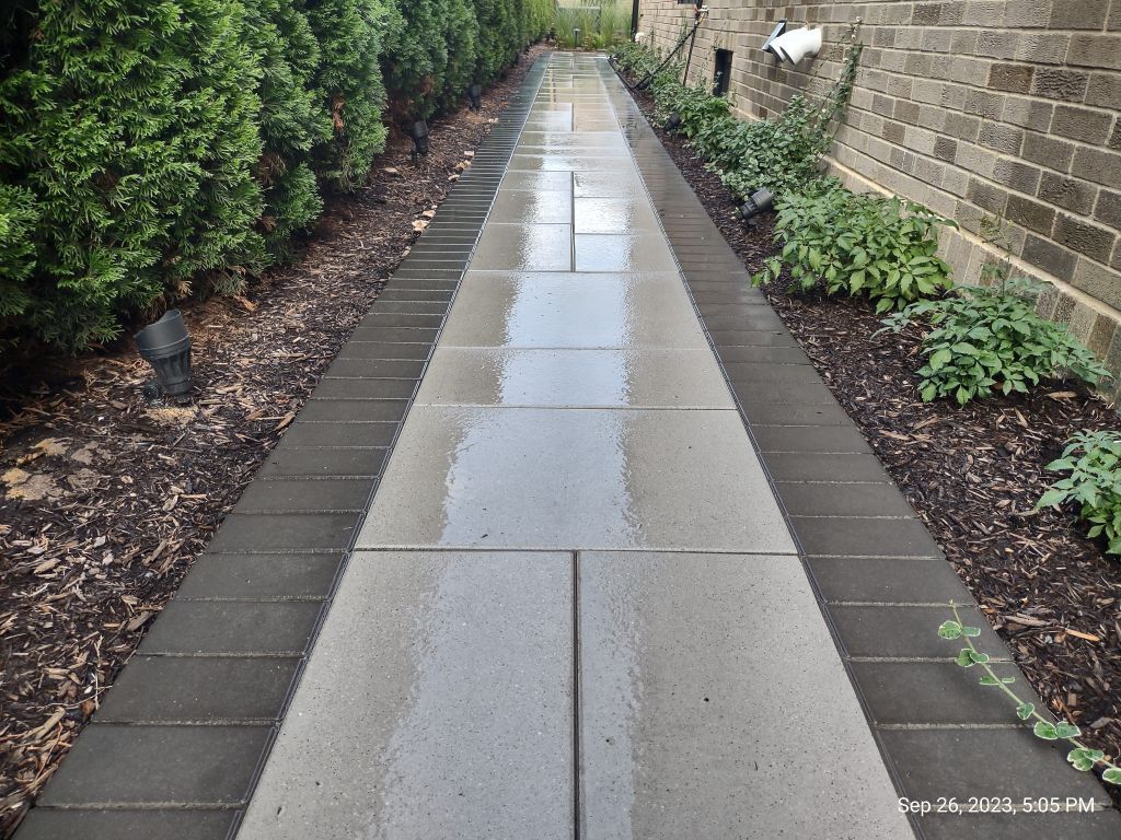 Unilock Brick paver walkway beside a brick building in River Forest IL