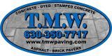 Logo for T.M.W. Paving, with business name, phone number, and website on a textured oval.