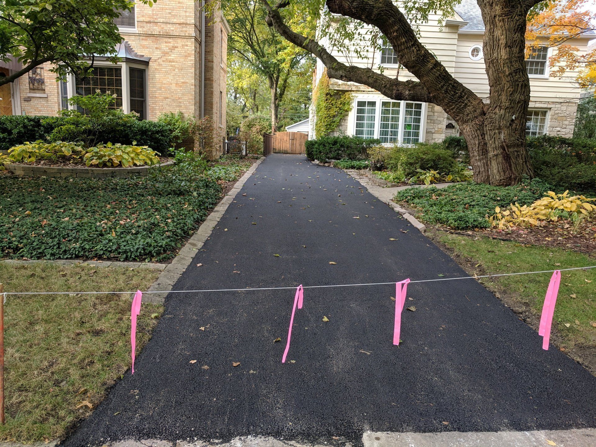Newly paved black asphalt driveway between two houses, marked with pink flags.