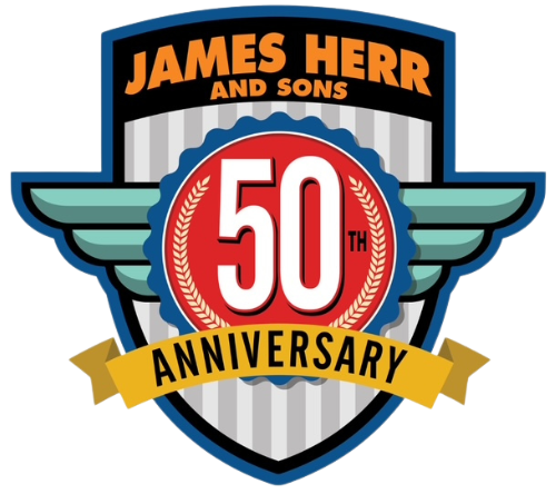 James Herr & Sons 50th anniversary shield logo in red, gold, blue, and black