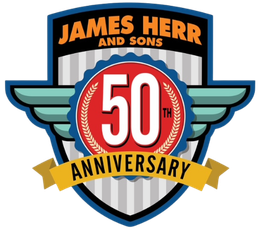 James Herr & Sons 50th anniversary shield logo in red, gold, blue, and black