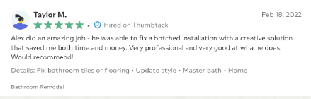 A review from thumbtack praising Bonney Lake Bathroom Remodeling
