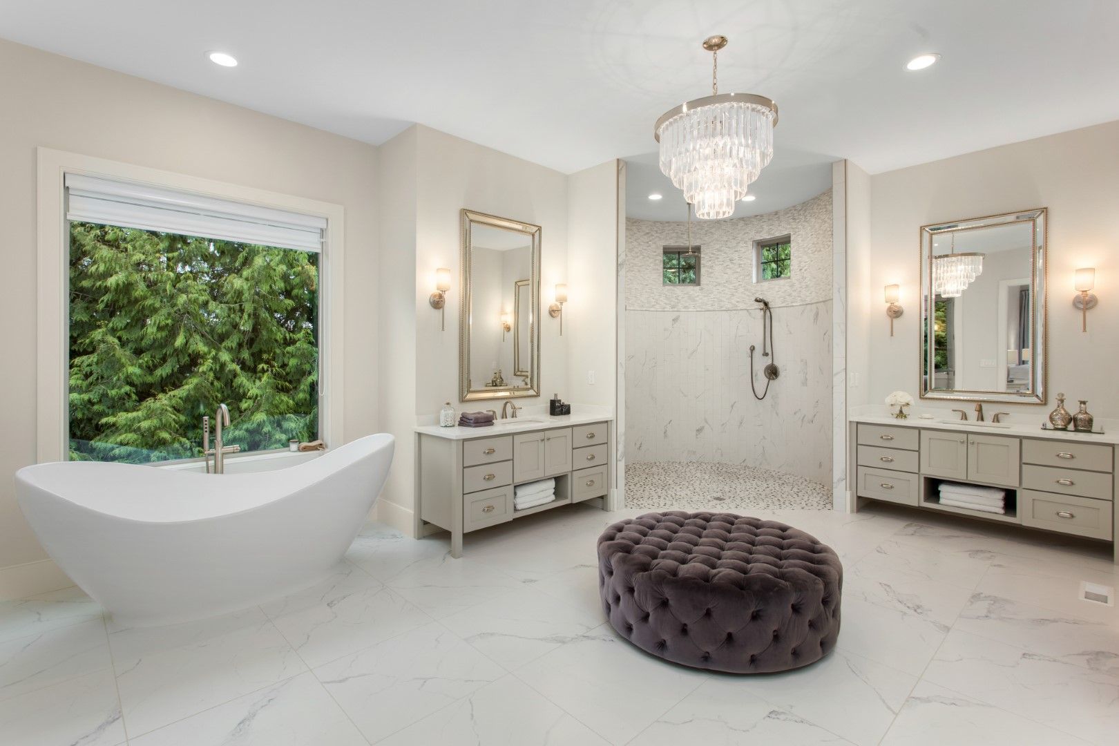 A picture of sink on right side bathroom vanities with a window and evergreen trees in the background in Bonney Lake, WA