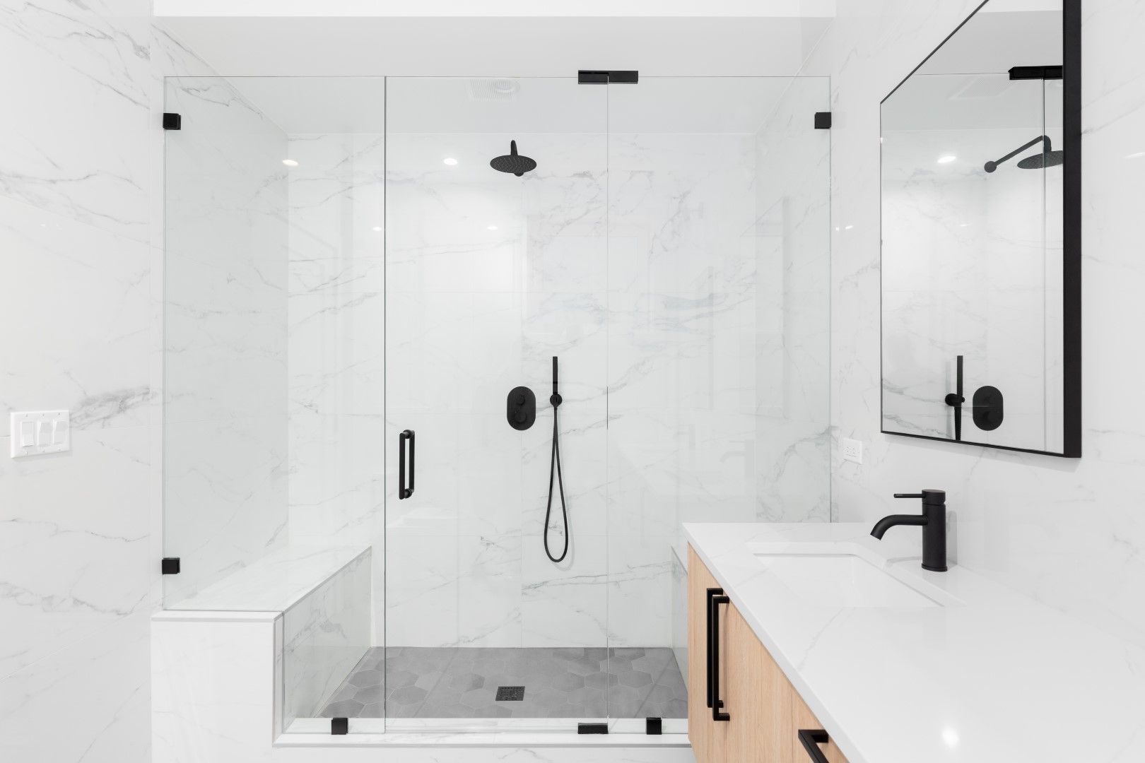 A picture of a marble master bathroom renovation in Bonney Lake, WA