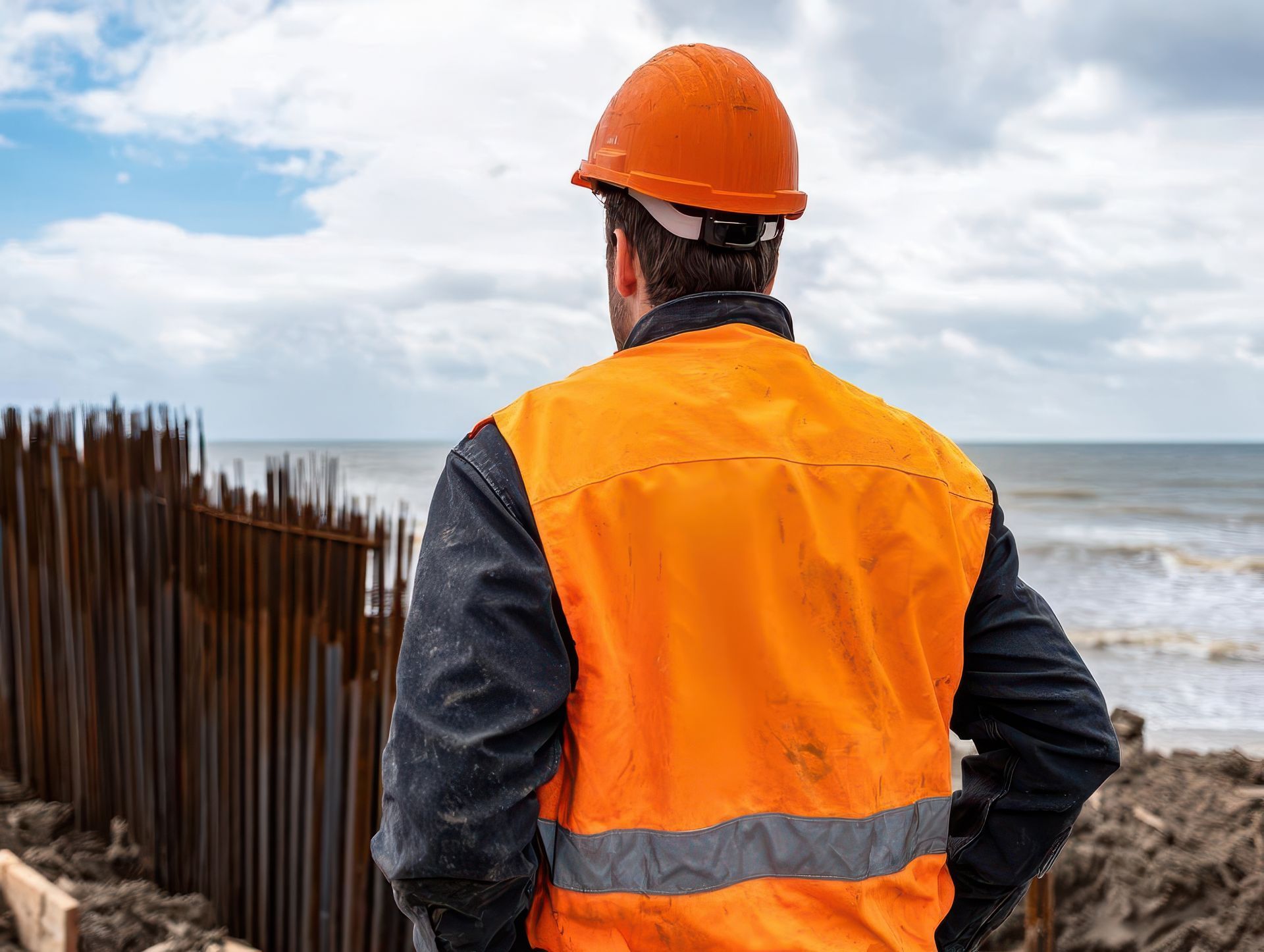 Engineer supervising seawall build to shield coastal homes from storm surges