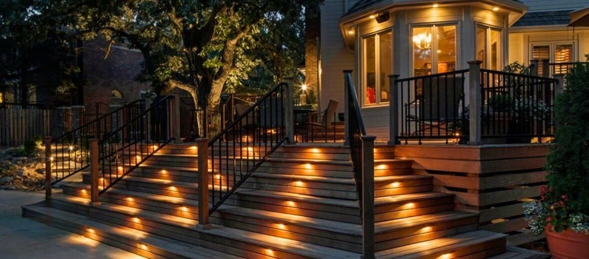 Lit outdoor stairs leading up to a house with warm lighting. Black railings and surrounding trees.