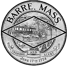 Seal of Barre, MA, featuring a stagecoach, horses, a building, and the words