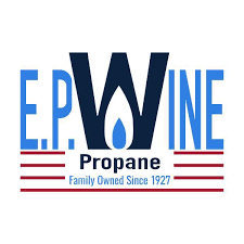 Logo for E.P. Wine propane company, with blue and dark blue text, a flame graphic, and the tagline