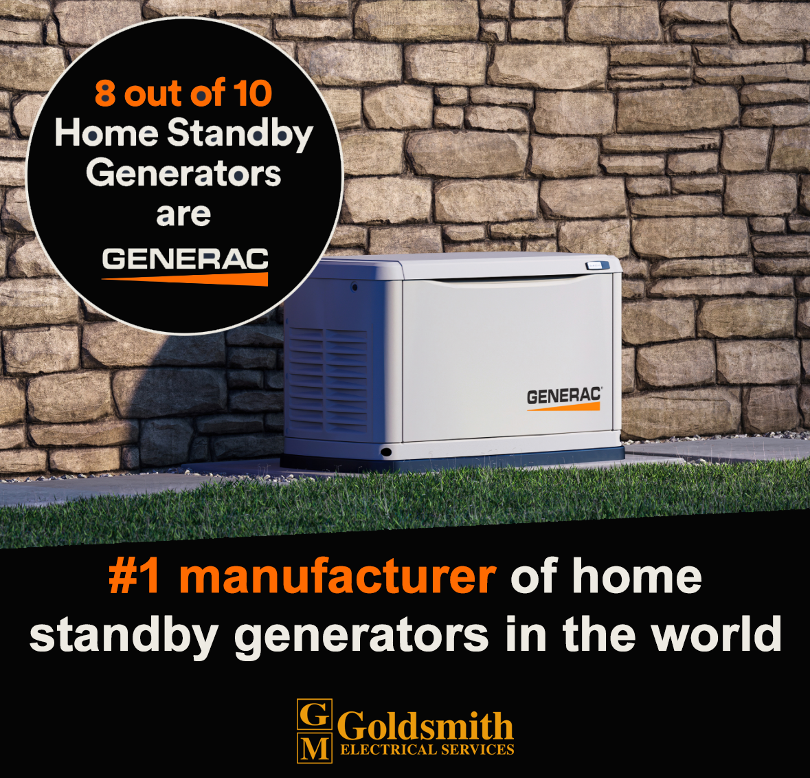 Generac home standby generator ad: Generator by brick wall. Text:
