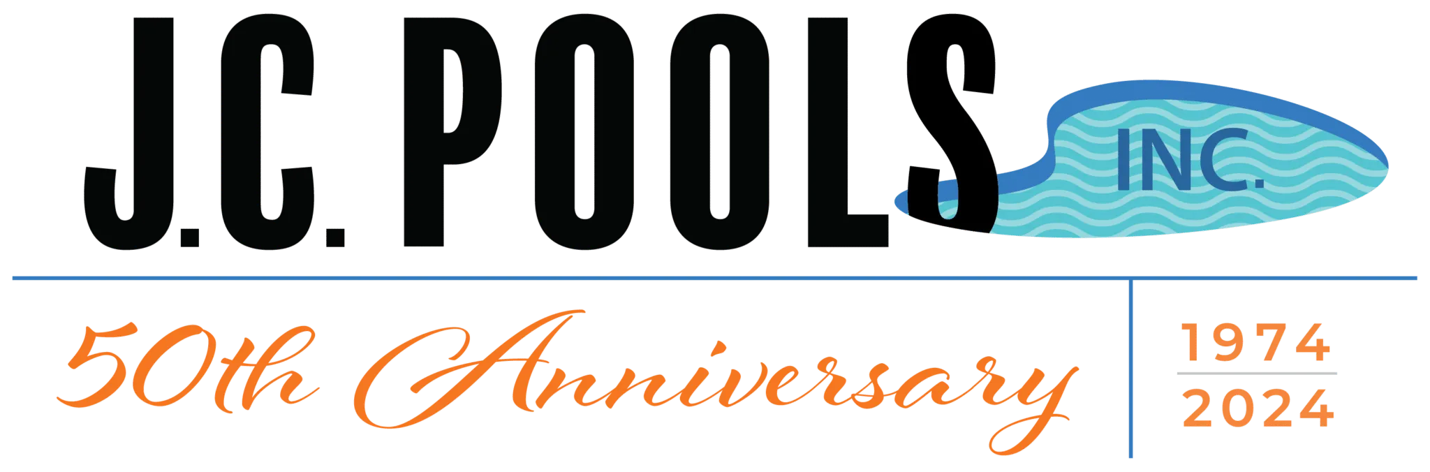 J.C. Pools logo celebrating 50th Anniversary. Black bold text with pool graphic and dates 1974-2024.