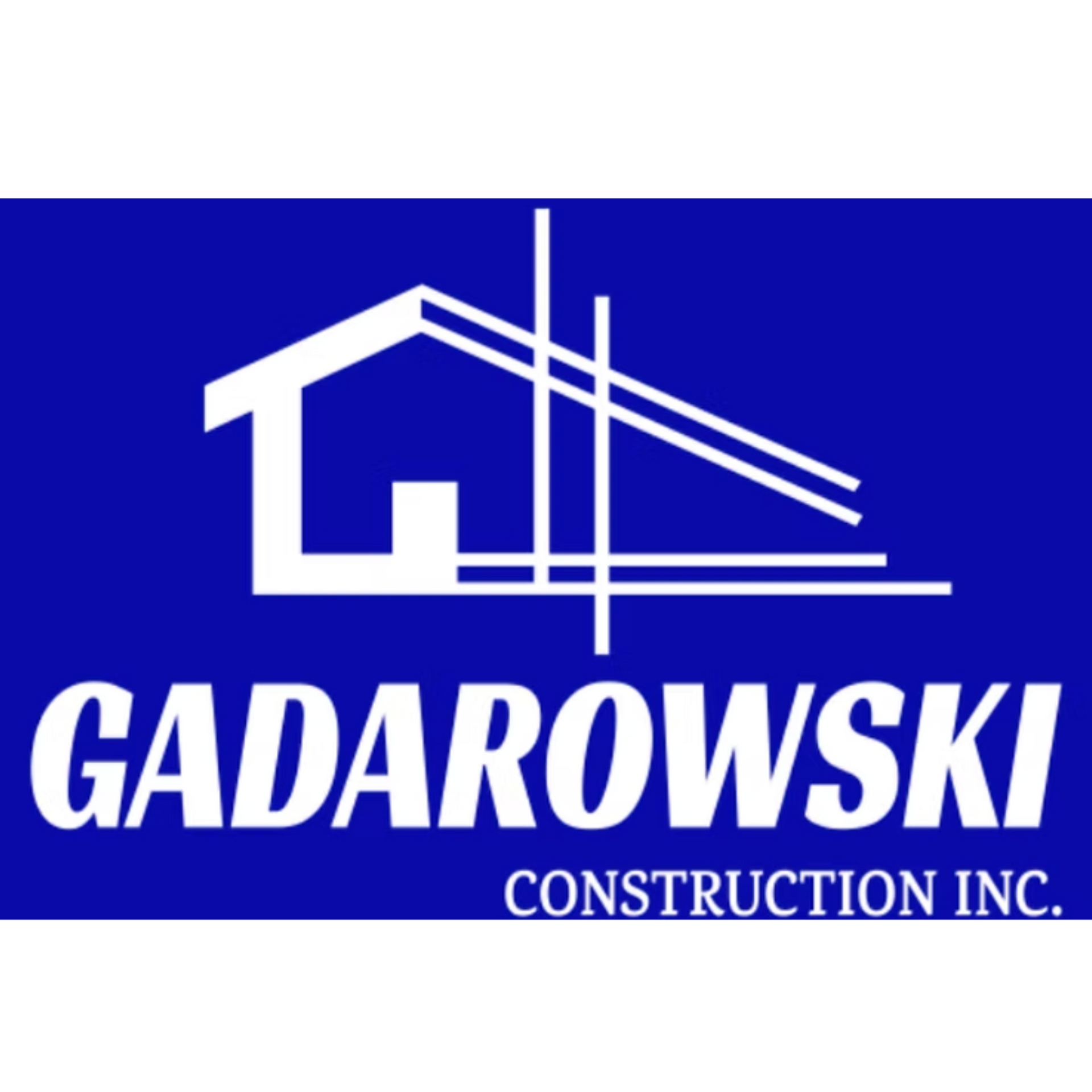 Logo for Gadarowski Construction Inc. Blue rectangle with white text and graphic of a house under construction.
