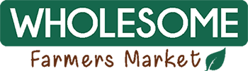 Logo for Wholesome Farmers Market, green text on a green rectangular background, with a leaf icon.