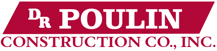 Logo for D R Poulin Construction Co., Inc. Text in white on a maroon trapezoid, over horizontal text.