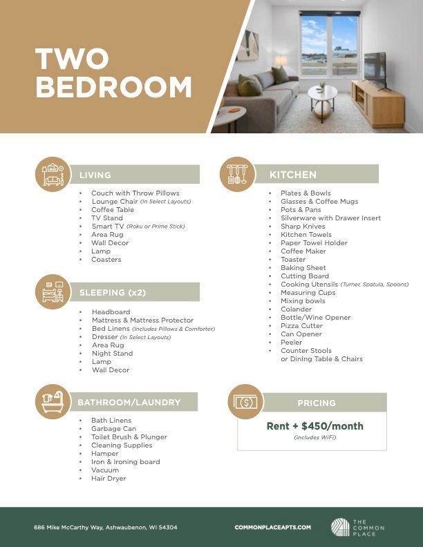 Two bedroom fully furnished pricing sheet