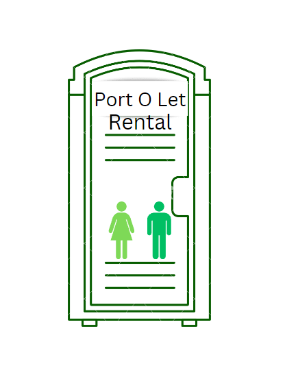 Green portable toilet with male and female symbols, labeled 