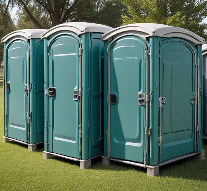 Four teal portable toilets on green grass.