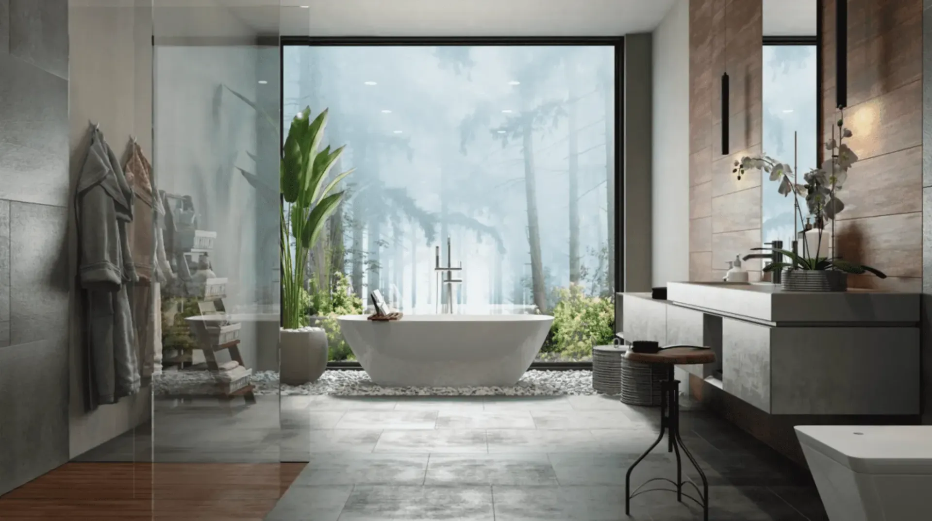 Newcastle bathroom renovations with freestanding tub, feature tile wall, and large windows for a 7-year guaranteed luxury design.