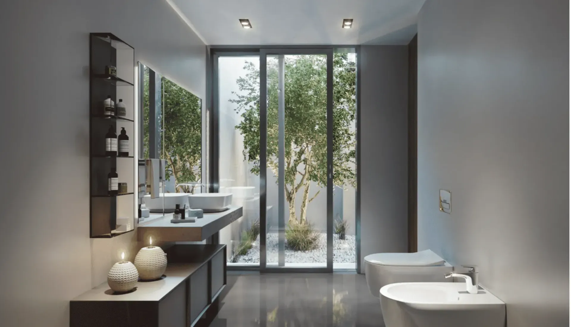 Freestanding bathtub with forest-view window in luxury Bathroom Renovations Newcastle project featuring subway tile shower