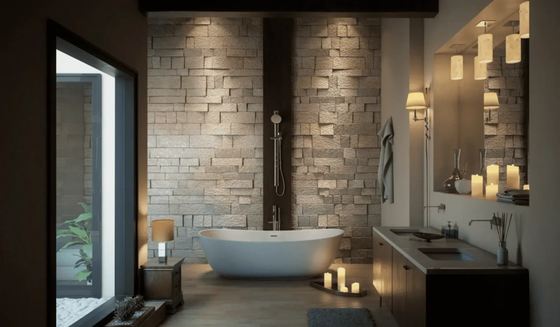 Black and white freestanding clawfoot tub against a textured brick wall by a fully licensed Newcastle builder.