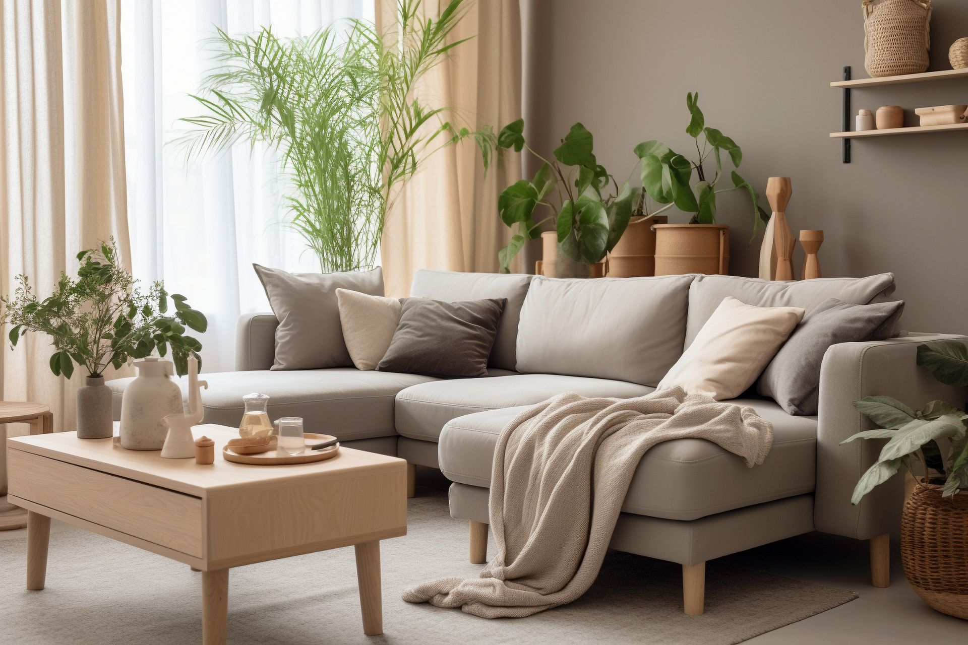 Living room with a light gray sectional sofa, plants, coffee table, and beige accents.