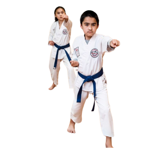 a group of children are practicing martial arts together .