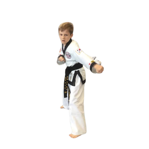 A boy and two girls are wearing karate uniforms and pointing at the camera