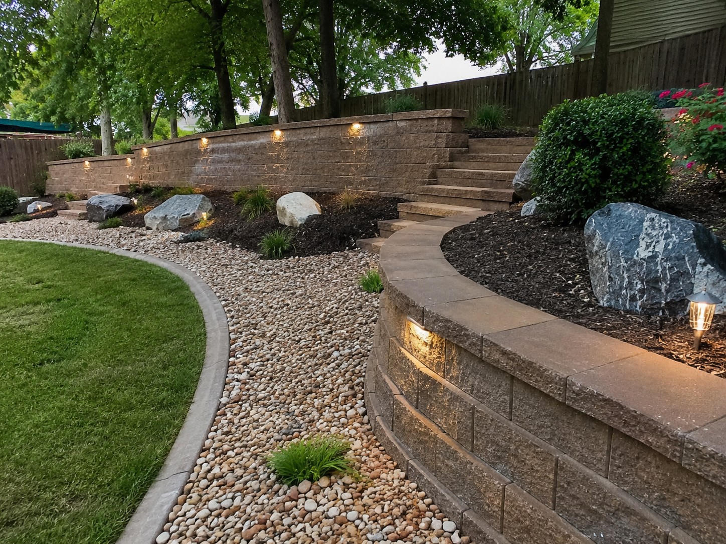 Landscaped backyard with curved stone retaining walls, gravel path, grass, trees, and small ground lights