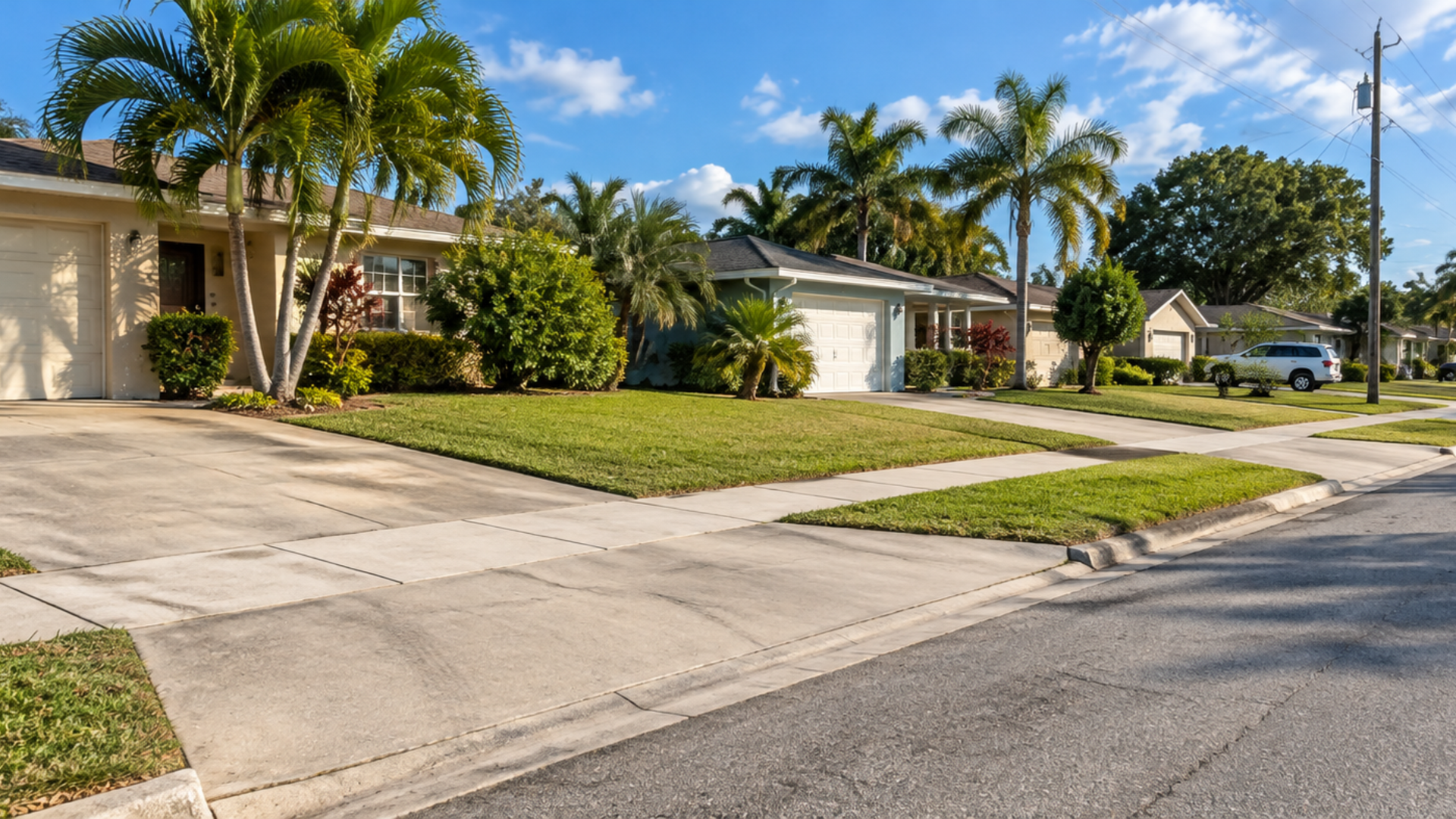 Residential street in Bradenton showing driveways meeting the public right of way