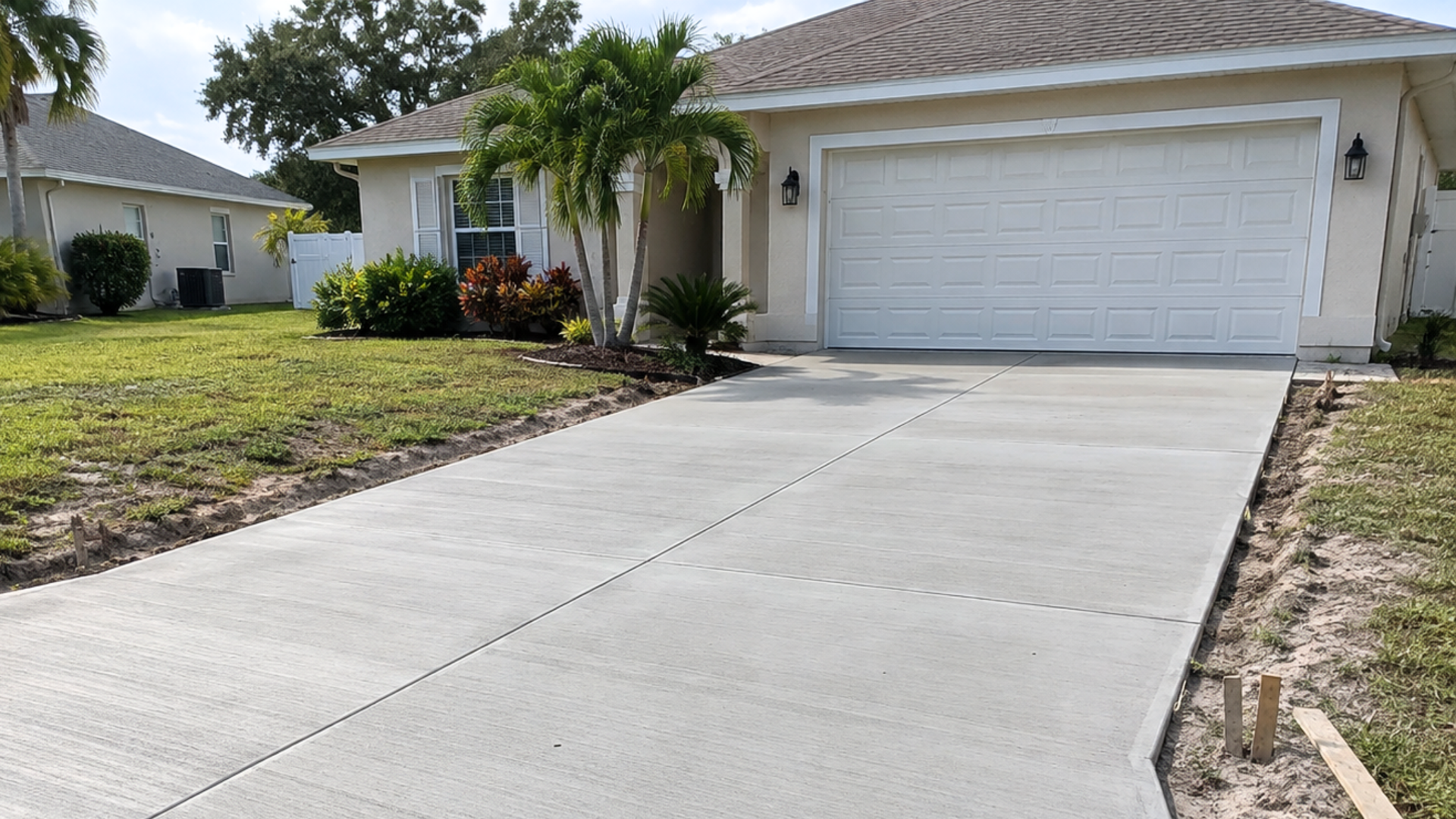 New broom finish concrete driveway at a single-family home in Bradenton, Florida