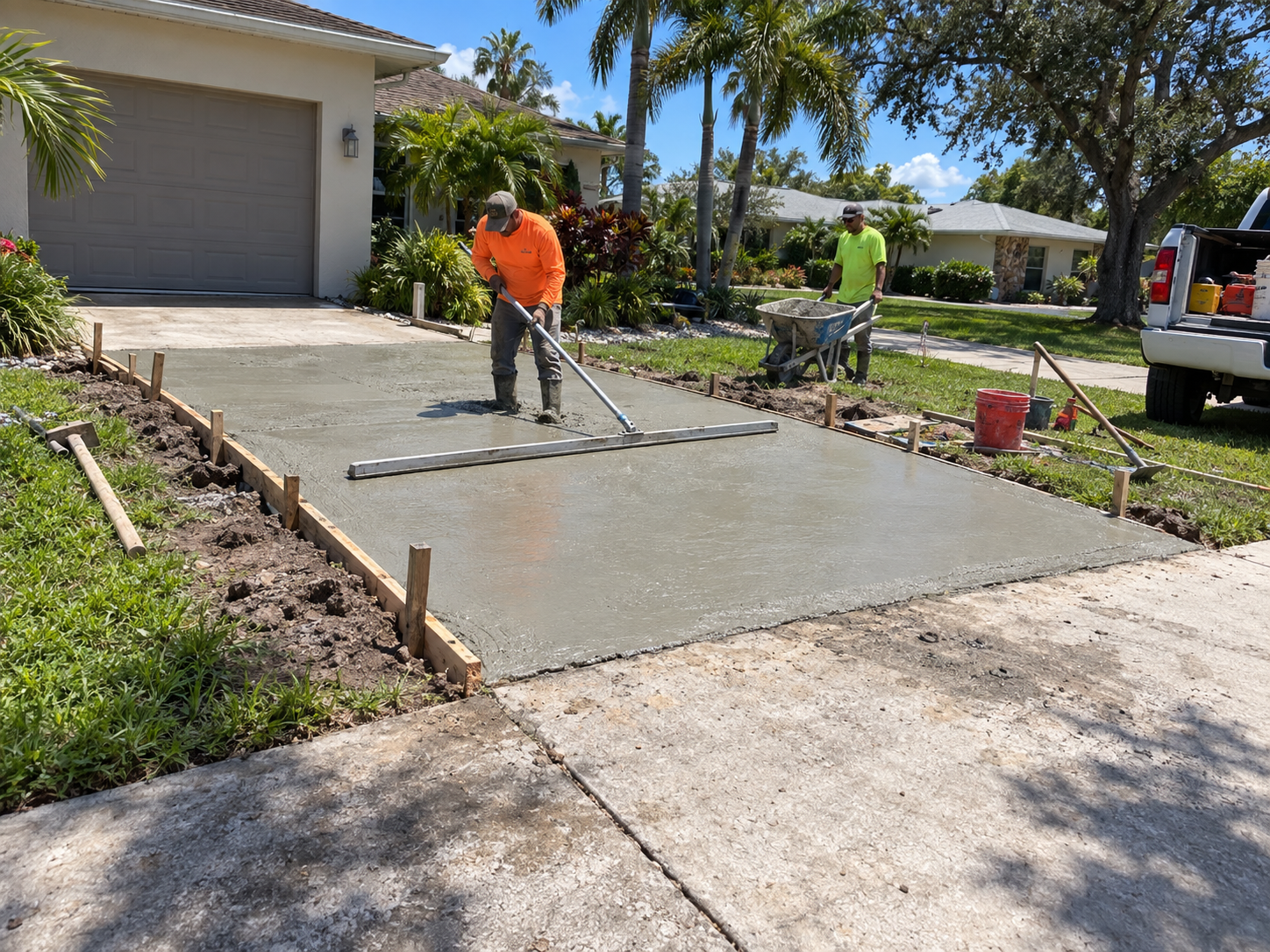 Approved building permit posted at a residential concrete job site in Bradenton, Florida