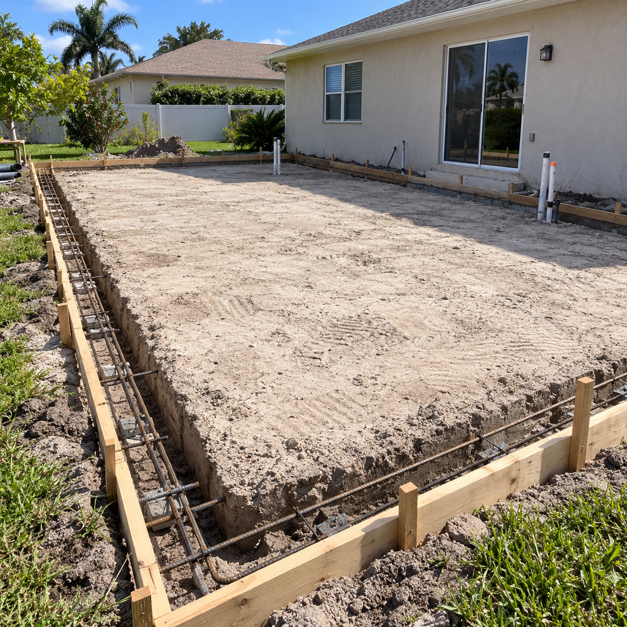 Formed concrete slab with footer trenches dug at the perimeter before a pour