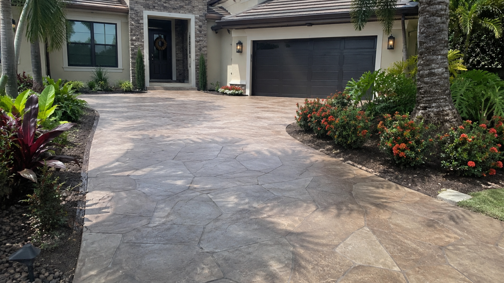 Random flagstone stamped concrete driveway with landscaping in Bradenton FL