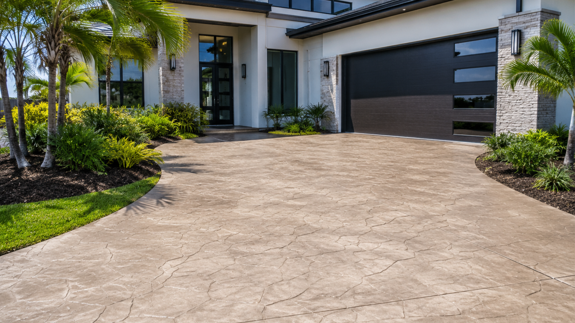 Seamless slate stamped concrete driveway at a modern Bradenton home