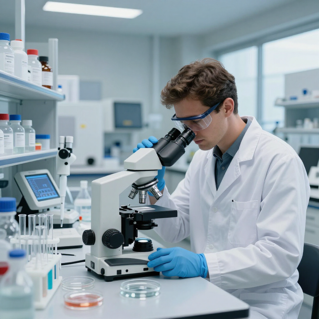 Scientist in a lab coat using a microscope in a bright laboratory, with glassware and lab equipment nearby.