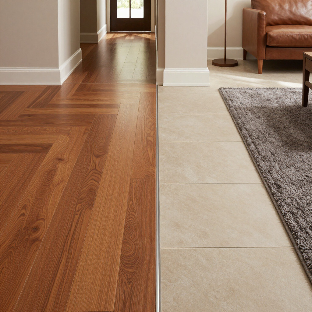 Wood and beige tile flooring meet in a bright living room with a sofa and rug.