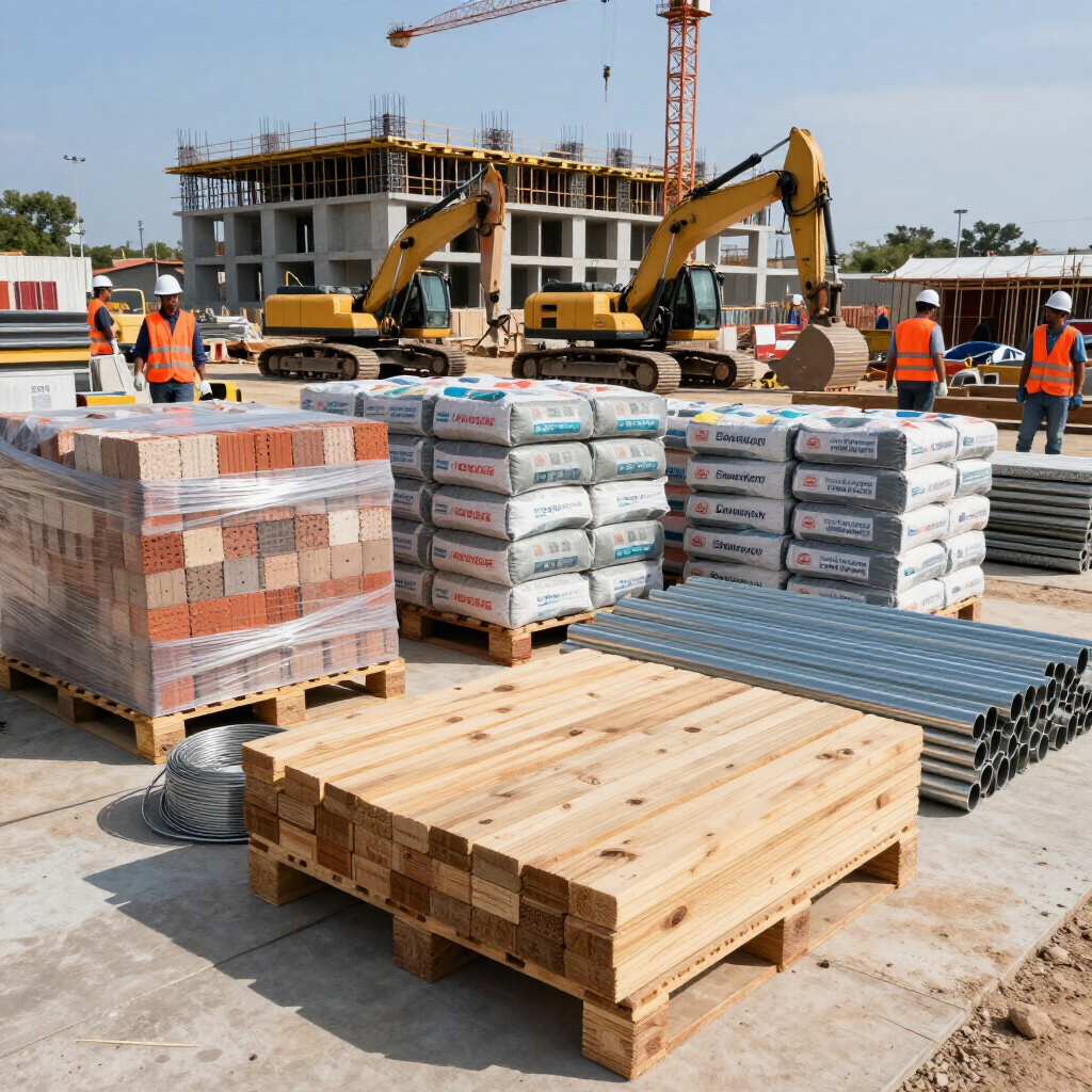 Construction site with stacked lumber and pallets, excavator, workers, and a building under construction