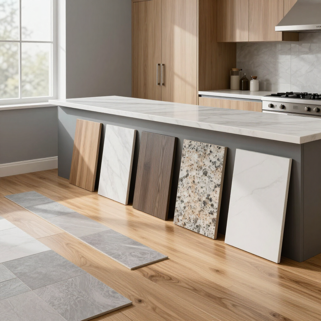 Modern kitchen with marble island and samples of countertop and cabinet materials displayed along the floor