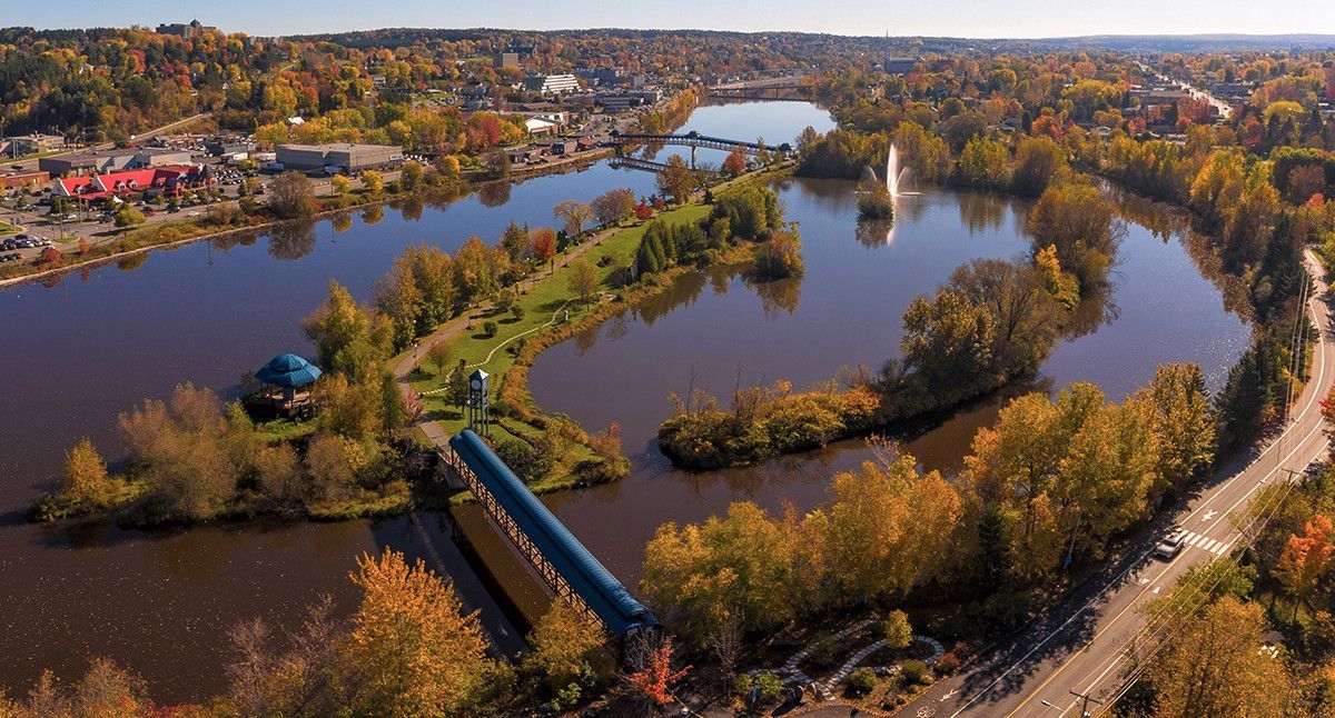 Vue aérienne d’un méandre bordé d’arbres aux couleurs automnales, avec un pont et des bateaux près d’une ville au bord de l’eau
