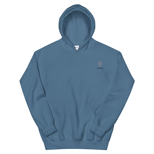 A black hoodie with a small logo on the front