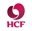 HCF logo: a heart-shaped design in shades of red over the letters