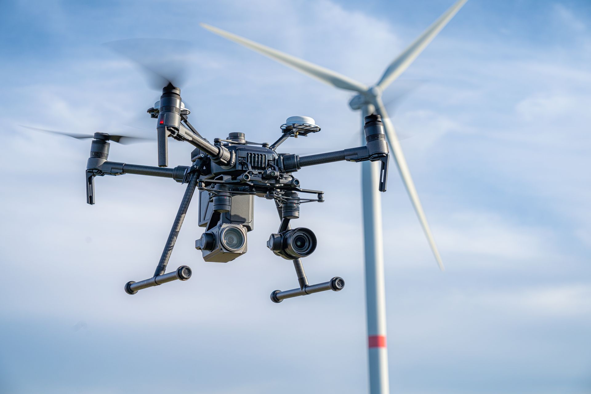 Drone In Flight, Inspecting Wind Turbine In A Blue Sky — Midtown Hobbies In Lismore, NSW
