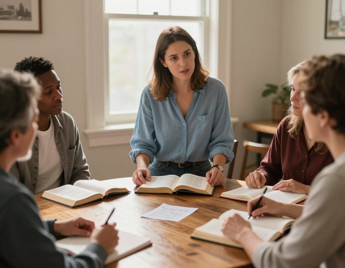 Jane teaching a small Bible study group